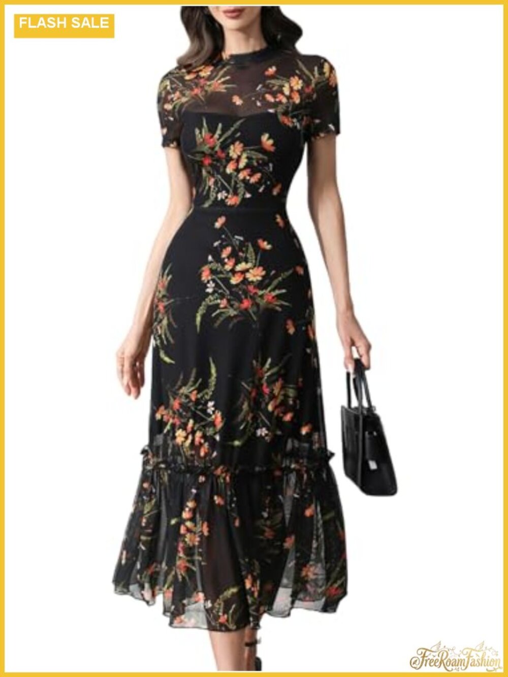 Womens Floral Mesh Ruffle Maxi Dress Wedding Guest Boho A-Line